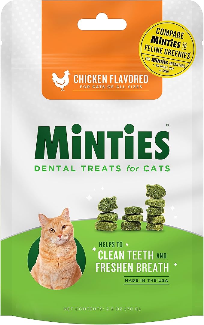Minties Dental Treats for Cats, Chicken Flavored Treats for Cats, Freshens Breath and Controls Tartar, 2.5oz Minties