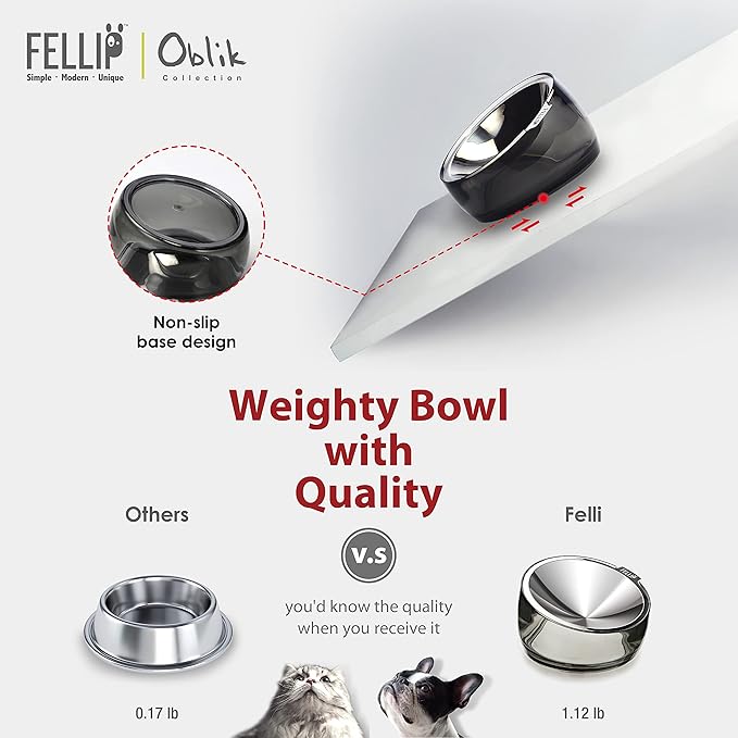 Felli Pet Oblik Whisker Fatigue Cat Food Bowl Raised Stainless Steel Shallow Dish, Pet Friendly Design Anti Vomit Tilted Metal Plate Feeder Elevated Acrylic Base for Treats Storage (0.5 Cups, Smoky) - PAWPICO
