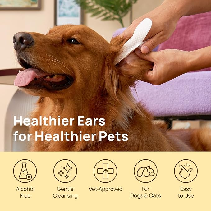 HICC PET Ear Finger Wipes for Dogs & Cats - Gently Remove Ear Wax, Debris - Sooths & Deodorizes - Relieve Ear Itching & Inflammation, Honey Scented, All Natural Ingredients - 100 Count HICCPET