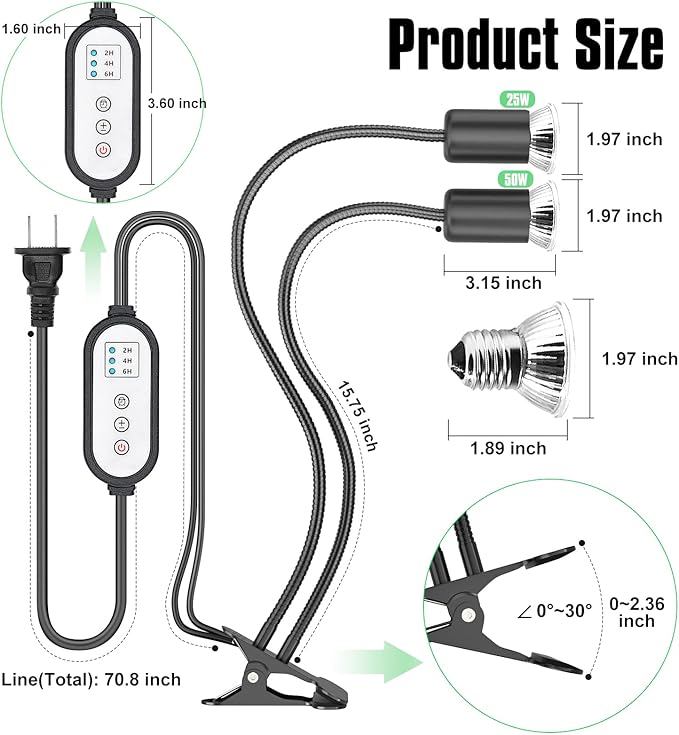 Reptile Heat Lamp, Dual-Head UVA/B Reptile Light with Cycle Timer, Basking Light for Reptile Turtle Bearded Dragon Lizards Snake, E26/27 Base with 4 Bulbs (2PCS 25W and 2PCS 50W) DTZYServiceforYourLife
