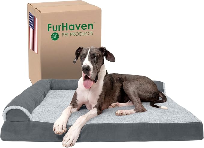 Furhaven Orthopedic Dog Bed for Large Dogs w/ Removable Bolsters & Washable Cover, For Dogs Up to 125 lbs - Two-Tone Plush Faux Fur & Suede L Shaped Chaise - Stone Gray, Jumbo Plus/XXL - PAWPICO