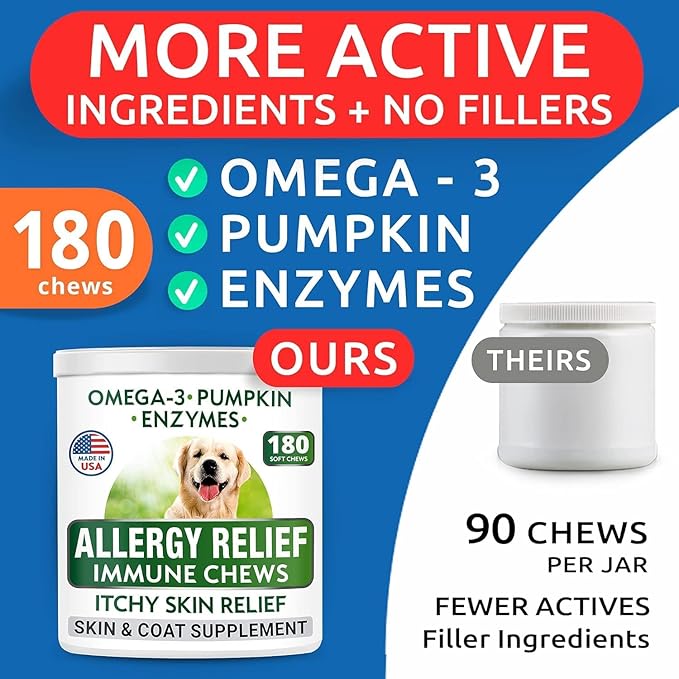 BARK&SPARK Dog Allergy Relief Chews (180 Immune Treats) - Anti-Itch Skin & Coat Supplement - Omega 3 Fish Oil - Itchy Skin Relief Treatment Pills - Itching&Paw Licking - Dry Skin & Hot Spots BARKSPARK