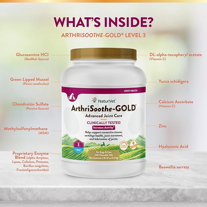 NaturVet Clinically Tested ArthriSoothe-Gold Level 3 Advanced Joint Care for Dogs and Cats, 240 ct Time Release, ChewableTablets, Made in USA NaturVet