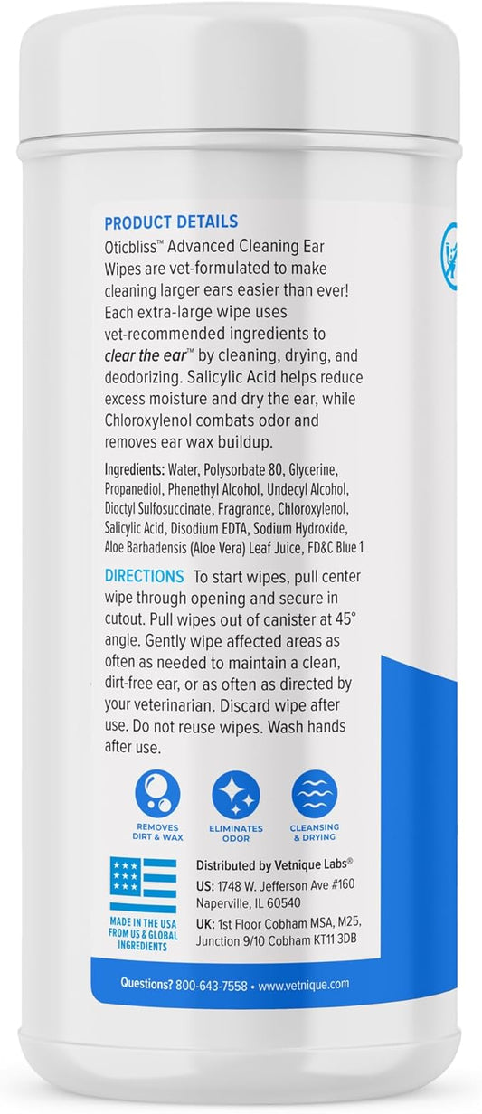 VETNIQUE Oticbliss Advanced Cleaning Ear Wipes for Dogs for Odor Control, Dirt and Wax Removal with Soothing Aloe Vera, Salicylic Acid & Vitamin E, (Ear Cleaning Wipes, Advanced Cleaning Large) VetniqueLabs