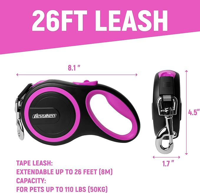 26 FT Retractable Dog Leash with No Tangle, Heavy Duty Great Leash for Dog up to 110lbs, One-Handed Brake, with Non-Slip Handle, Strong Nylon Tape for Small, Medium and Large Dogs LIEVUIKEN