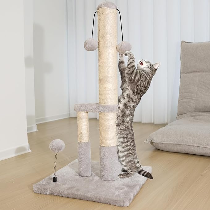 Dimaka Tall Cat Scratching Post, Double Lower Posts Extra Stable Cat Post Tree Scratcher with Sisal Rope and Teasing Balls, 4 Balls Total Large Base (Grey 26" - PAWPICO
