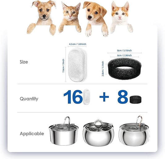 Tomxcute Official Cat Water Fountain Filters for 108oz/3.2L and 135oz/4.0L Adjustable Water Flow Cat Water Fountain, Ultra-Quiet Cat Water Fountain 16 Packs Filters & 8 Sponges Foam Filters - PAWPICO