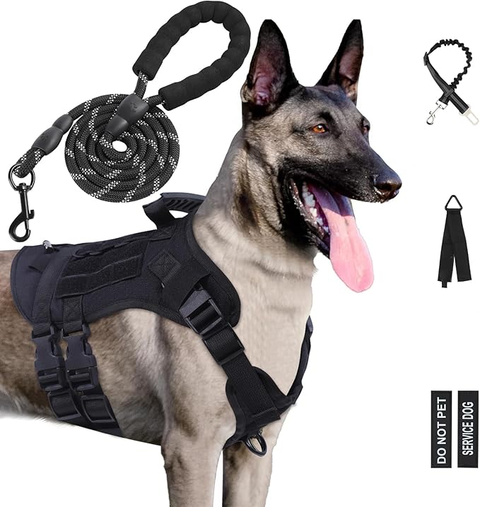 No Pull Tactical Dog Harness for Medium Dogs, Escape Proof Molle Dog Vest Harness and Leash Set, Adjustable Military Service Dog Harness with Handle for Medium Large Dogs(Black,Medium) - PAWPICO