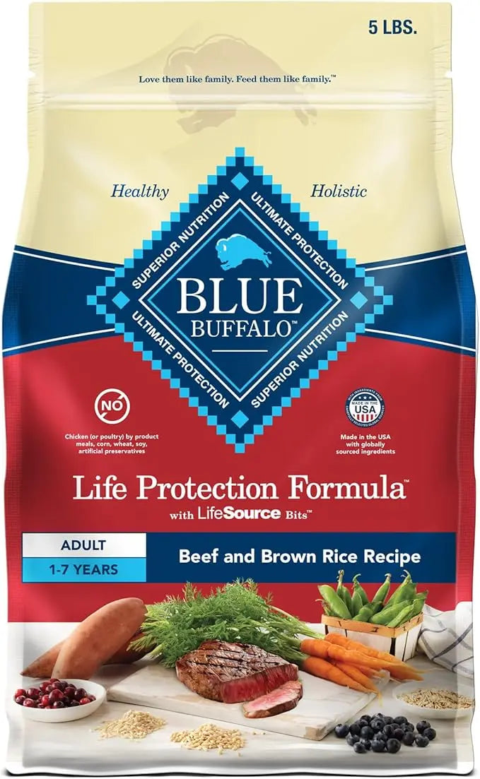 Blue Buffalo Life Protection Formula Adult Dry Dog Food, Helps Build and Maintain Strong Muscles, Made with Natural Ingredients, Beef & Brown Rice Recipe, 5-lb. Bag - PAWPICO
