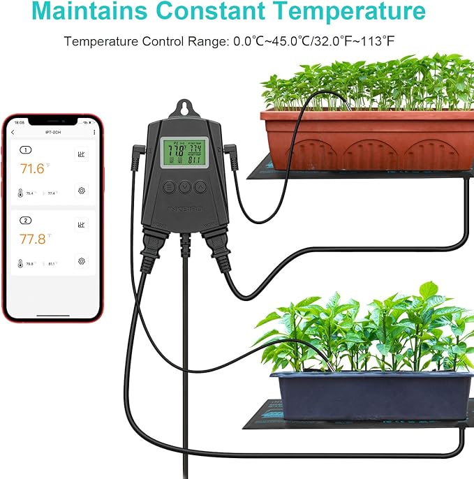 Inkbird WiFi Heat Mat Reptile Thermostat Controller Temperature Controller with 2 Probes and 2 Outlets, IPT-2CH Reptiles Heat Mat Thermostat (Max 250W per Outlet) Inkbird