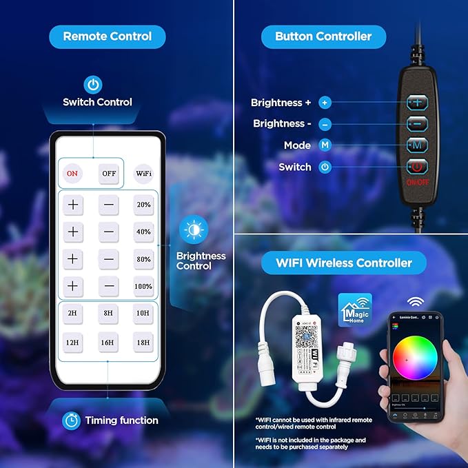 Lominie LED Aquarium Light Saltwater Aquarium Lamp 30W Full Spectrum with Remote Dimmable Nano Coral Reef Light for Fish Tank with Bracket Lominie