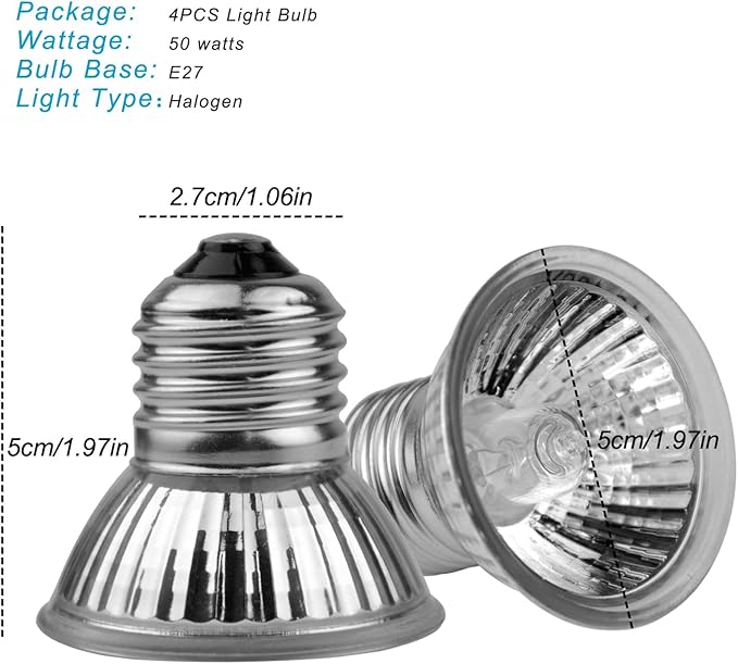 DOMICA 4-Pack 50W UVA UVB Light Bulbs for E27 Reptile Heat Lamp, Basking Spot Light Simulated Sunlight, Heating Lamp for Turtle, Lizard, Snake, Beared Dragon, Amphibians DOMICA