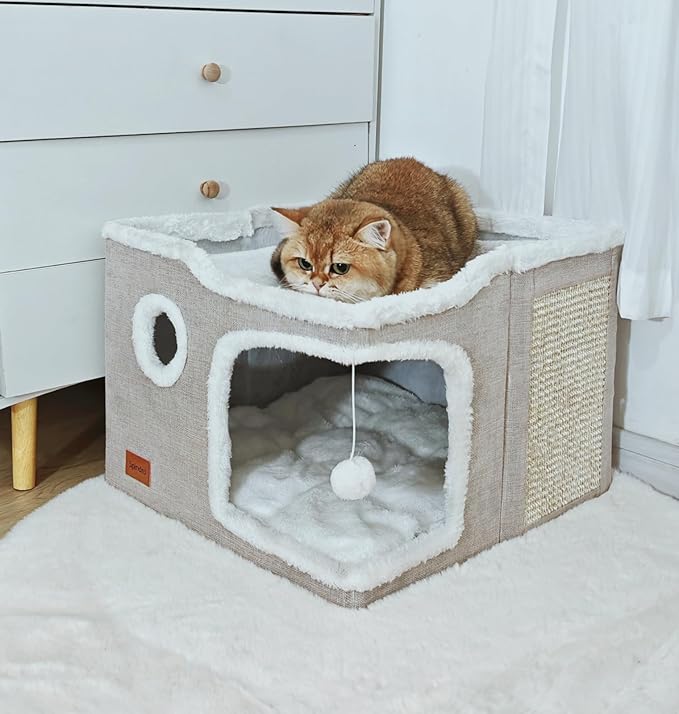 Large Cat Cave Bed for Indoor Cats, Cats Cube House with Scratch Pad Cat Condo Hideaway Tente Hut with Washable Sherpa Warm Soft Cat Mat, Cute Cat Beds Furniture, Modern Dog Bed,Beige - PAWPICO