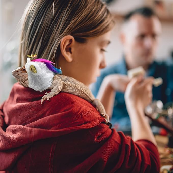 Lizard Hat for Bearded Dragon - Soft Fuzzy Plush Cap with Adjustable Chin Strap & Crown Decor Reptile Headwear Halloween Costume Outfit Photo Props for Gecko Chameleon Amphibians Snake Hamster (White) WCDJOMOP