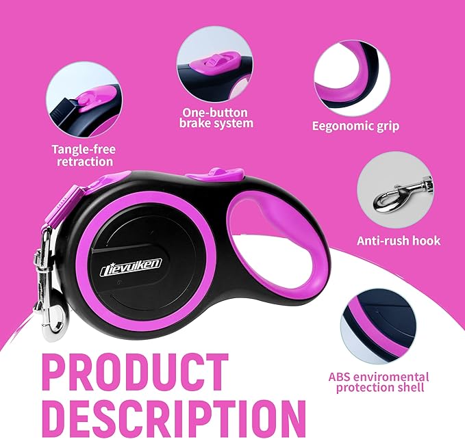 10 FT Retractable Dog Leash with No Tangle for Dog up to 33lbs, One-Handed Brake, with Non-Slip Handle, Strong Nylon Tape for Small and Medium Dogs LIEVUIKEN