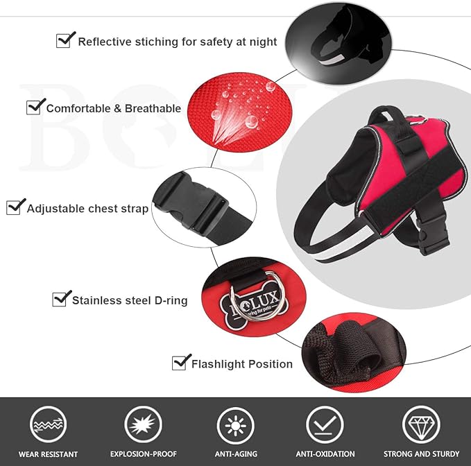 Bolux Dog Harness, No-Pull Reflective Dog Vest, Breathable Adjustable Pet Harness with Handle for Outdoor Walking - No More Pulling, Tugging or Choking (Red, M) Bolux