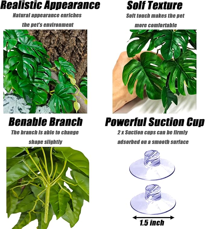 Woyrise Reptile Plants for Terrarium, Artificial Hanging Plants with Suction Cups, Amphibian Tank Habitat Decor Plastic Plant for Bearded Dragons Lizards Snake Geckos Frogs - 2Pack Fake Monstera Woyrise
