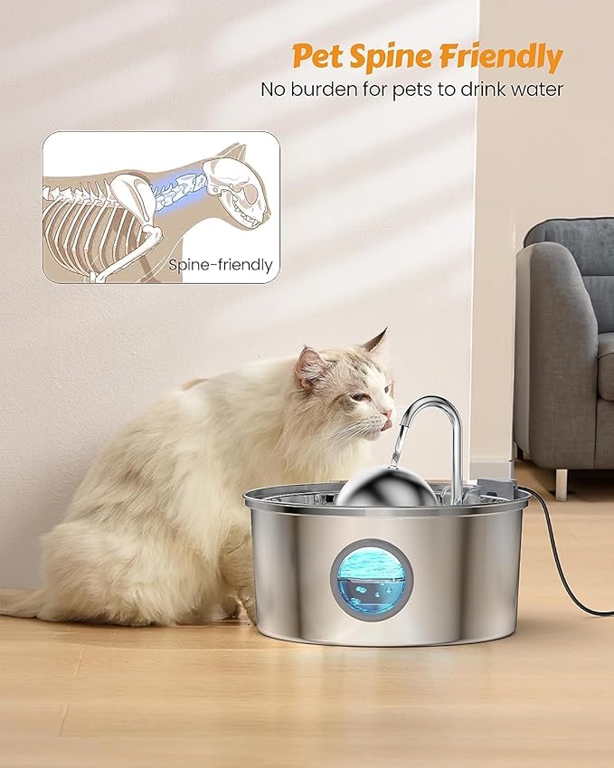 AONBOY Cat Water Fountain with 16 Filters, 108oz/3.2L Cat Fountain Stainless Steel, Includes 8 Carbon Filters and 8 Sponge Filters, Faucet Shape Dog Water Fountain, Double Noise Reduction Design - PAWPICO