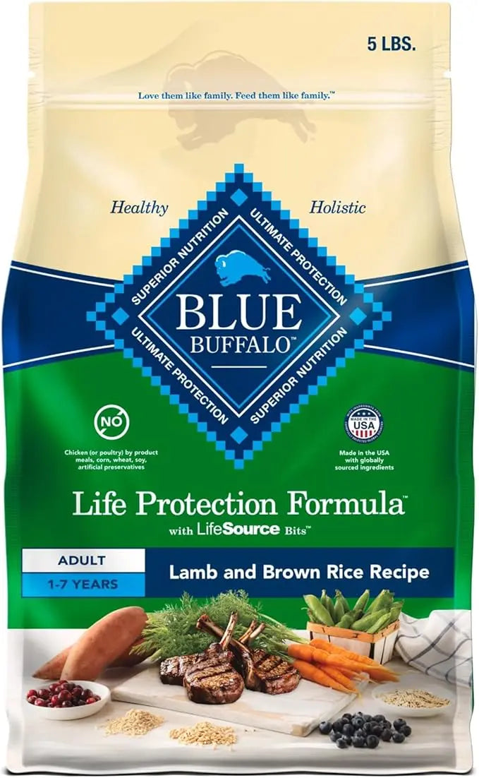 Blue Buffalo Life Protection Formula Adult Dry Dog Food, Helps Build and Maintain Strong Muscles, Made with Natural Ingredients, Lamb & Brown Rice Recipe, 5-lb. Bag - PAWPICO