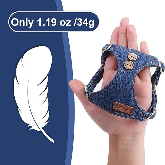 No Pull xs Dog Harness with Multifunction Dog Leash,Soft Adjustable No Choke Escape Proof Pet Harness Vest,Denim Blue,XXS Puppytie