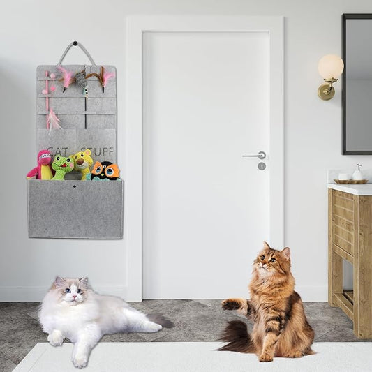Cat Toy Storage Box for Wand Toys, Durable Pet Storage Organizer with Handle for Cat Feather Toy Foldable Storage Hanging Bag for Keeping Teaser Wand Toys, Grey - PAWPICO
