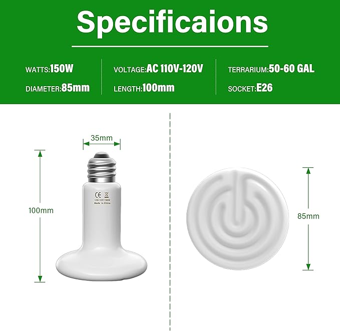 HealSmart Reptile Heat Lamp 150W Ceramic Heat Emitter, No Light Emitting Heat Bulbs for Amphibian Pet Brooder Coop Incubating Chicken, Lizard Bearded Dragon Turtle Snake Terrarium White HealSmart