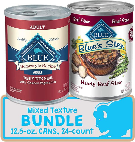 Blue Buffalo Homestyle Recipe Natural Adult Wet Dog Food, Mixed Textures Beef 12.5-oz Cans (24 Count- 12 of Each Flavor) - PAWPICO