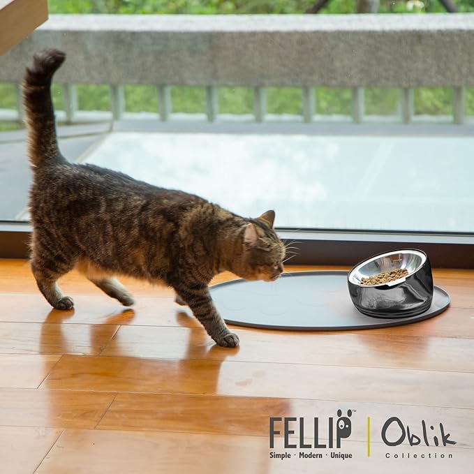Felli Pet Oblik Whisker Fatigue Cat Food Bowl Raised Stainless Steel Shallow Dish, Pet Friendly Design Anti Vomit Tilted Metal Plate Feeder Elevated Acrylic Base for Treats Storage (0.5 Cups, Smoky) - PAWPICO