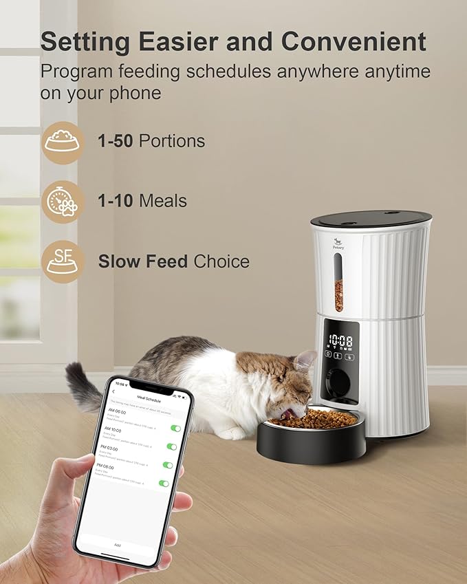 Petory Automatic Cat Feeders Wi-Fi - 4L Dry Food Dispenser for Cats and Dogs 10 Meals per Day Smart Pet Feeder with Desiccant Bag Dual Power Supply 10S Voice Recorder - PAWPICO