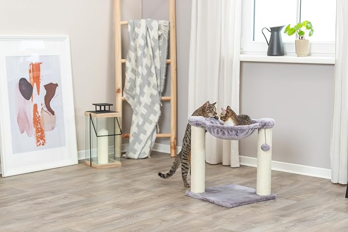 TRIXIE Baza 20-in Cat Scratching Posts, Durable Jute Cat Scratcher with Plush Hammock and Dangling Cat Toy, Gray - PAWPICO