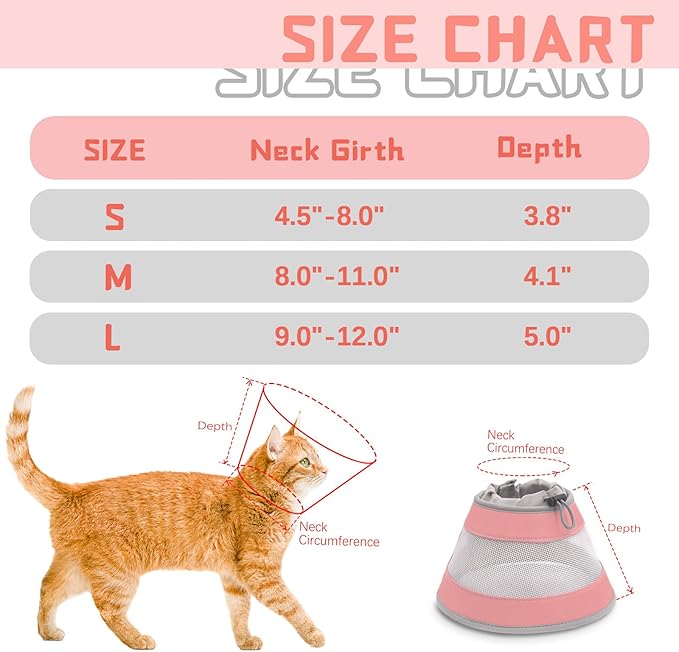 Cat Cone, Breathable Cat Cone Collar Soft, Adjustable Cat Cone to Stop Licking, Water Resistant Neck Cone for Cats with Air Mesh, Protective Cat Recovery E Collar for Cat Kitten(Pink,M-2 GoGoPaw