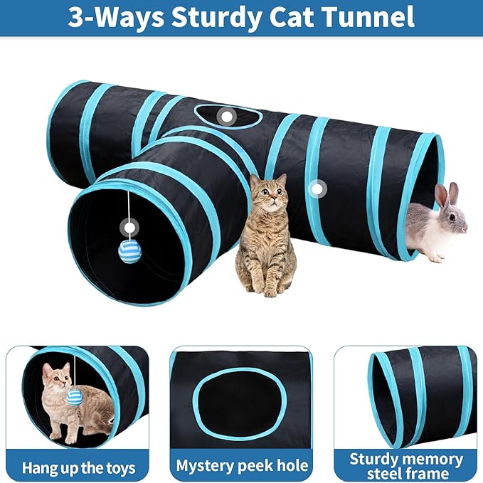 Malier Cat Toys Kitten Toys Set, Collapsible Cat Tunnels for Indoor Cats, Interactive Kitty Toys Cat Feather Toy Fluffy Mouse Crinkle Balls Cat 3 Way Tube Tunnel Toys for Cat Puppy Kitty Kitten - PAWPICO