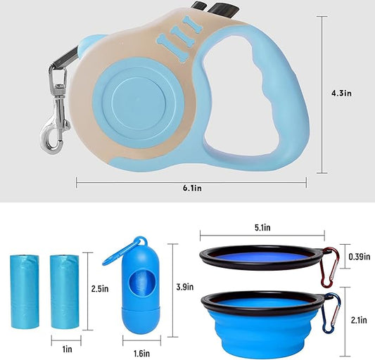 Retractable Dog Leash Automatic Telescopic Tractor Dog Tape, Pet Tape 10/16 FT Durable and Convenient, with Folding Bowl, Dispenser, Rubbish Bags, Suitable for Small and Medium Dogs LIEVUIKEN