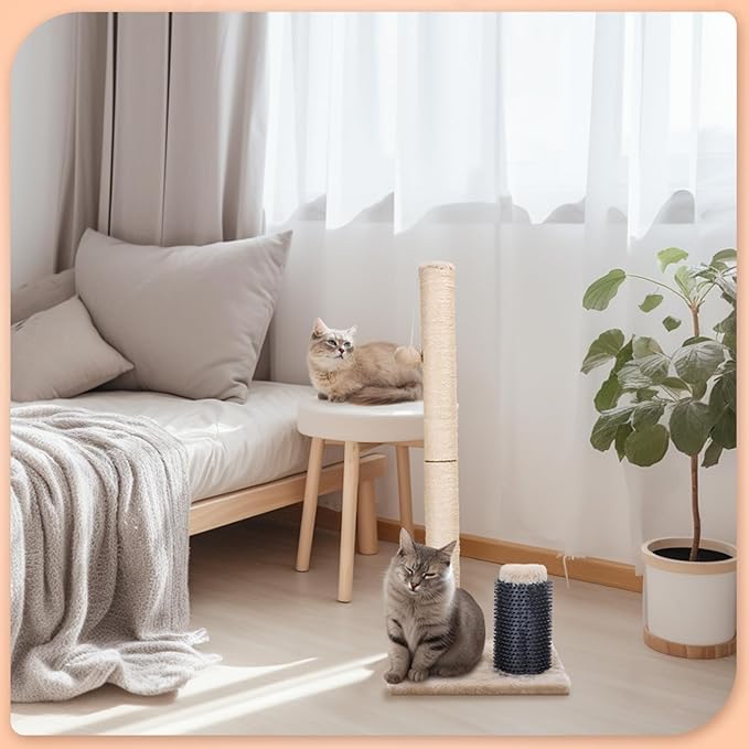Nobleza 32” Tall Cat Scratch Post with Self Massage Brush, Natural Sisal Rope Cat Scratching Post for Indoor Cats, Stable Cat Scratcher Posts for Kittens Large Cats with Dangling Ball, Light Brown - PAWPICO