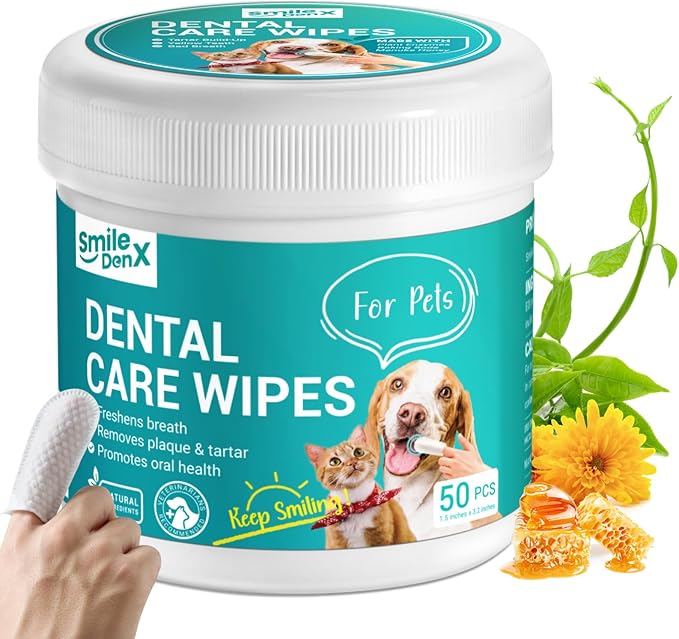Dog Dental Care Wipes - Cat & Dog Teeth Cleaning Finger Wipes - Dog Tooth Brushing Kit Dental Wipes - Reduces Plaque & Freshens Breath (50 Pcs) SmileDenX