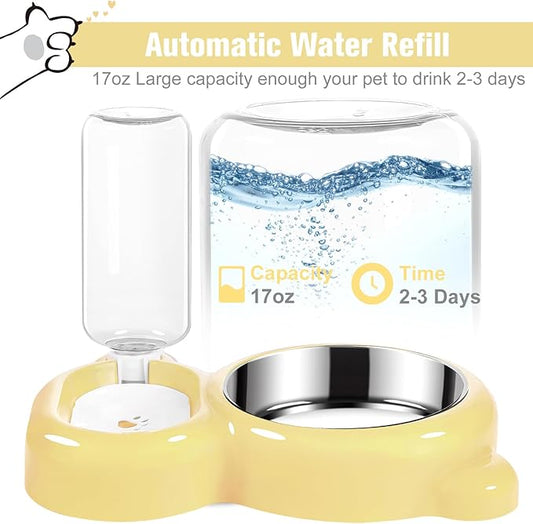 Dog Bowls, Cat Food and Water Bowl Set with Water Dispenser and Stainless Steel Bowl for Cats and Small Dogs - Yellow - PAWPICO