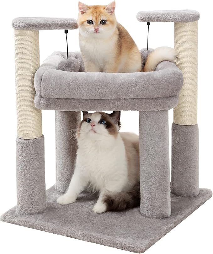 Made4Pets Cat Tree for Indoor Cats, Cat Tower with 2 Natural Sisal Scratching Post for Kitten, Kitty Cat Bed with Pom-pom Dangling Balls, Grey, DIY - PAWPICO