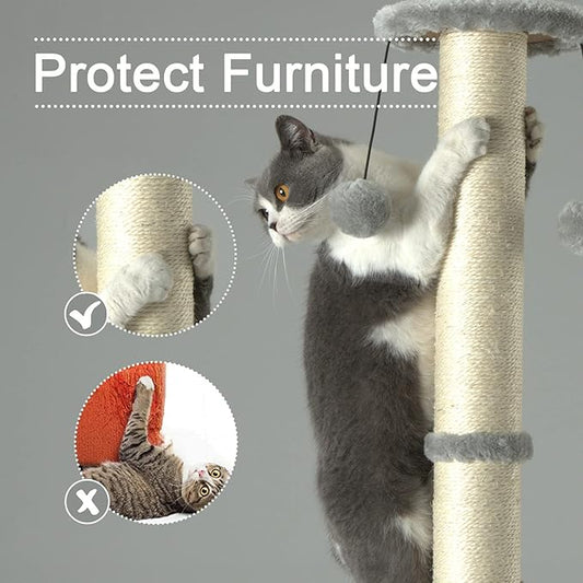 PEEKAB 32" Tall Cat Scratching Post Sisal Scratch Posts with Hanging Ball and Self-Massage Brush Vertical Scratcher for Indoor Cats and Kittens(Light-Gray 32inches) - PAWPICO