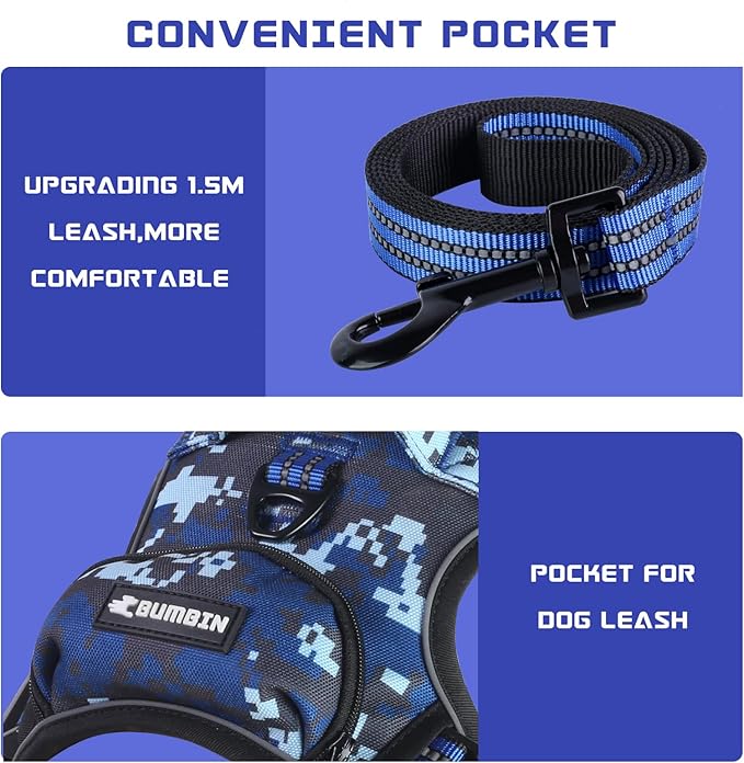BUMBIN Dog Harness for Large Dogs, No Pull Adjustable No Choke Pet Vest with Dog Leash Fit Smart Reflective Pet Walking Harness for Training Easy Control Soft Handle Blue Camo M BUMBIN