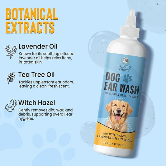 ALFIE'S CHOICE Dog Ear Wash - with Lavender & Tea Tree Oil to Soothes Pet Itchy Ears – Ear Wash for Dogs Cleans Debris and Buildup - Advanced Ear Cleanser for Dogs and Cats 16 fl oz AlfiesChoice