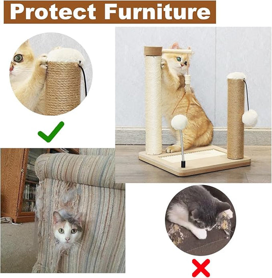PAWSFANS Small Cat Scratching Post Toys,Sisal Jute 2 Scratch Posts for Kittens and Cats,Hanging Ball with Feather Spring Ball 16inches Beige - PAWPICO