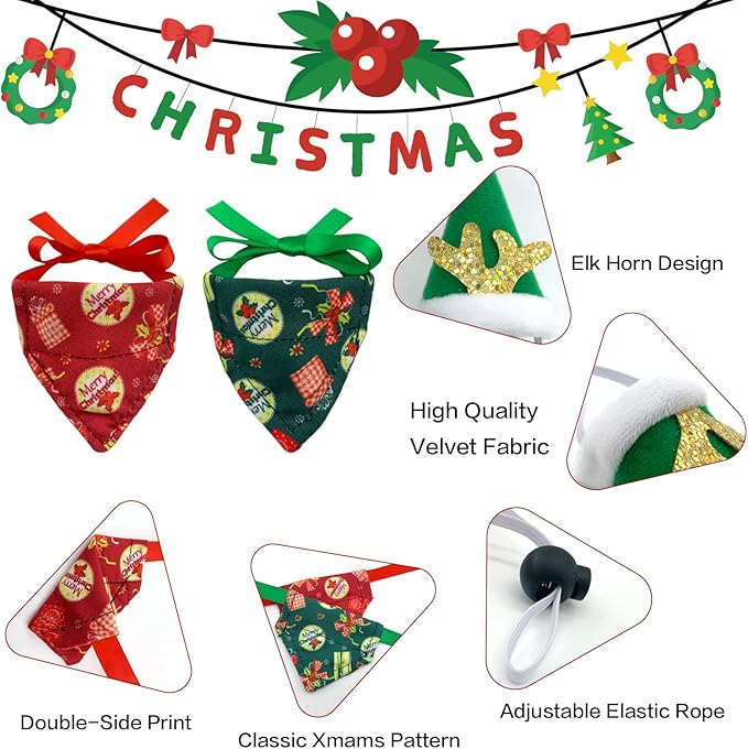 Vehomy Bearded Dragon Outfit, 4Pcs Christmas Costume Accessories - Santa Hats with Elk Horns & Reversible Bandanas for Hamster, Leopard Gecko, Guinea Pig Vehomy