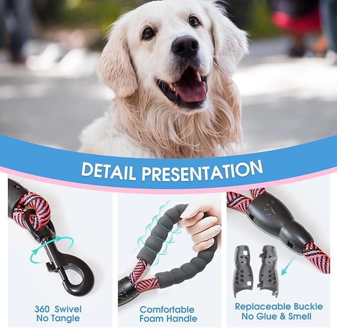 BAAPET 2/4/5/6 FT Dog Leash with Comfortable Padded Handle and Highly Reflective Threads for Small Medium and Large Dogs (5FT-1/2'', Black Pink) BAAPET