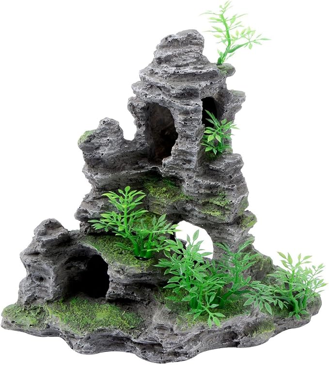 Saim Aquarium Mountain View Stone Ornament, Artificial Mountain Hill View Stone Rock Cave Aquarium Decorations Fish Tank Decor for Betta Cichlids Hideaway Cave, Hermit Crab Hideout - Large Saim