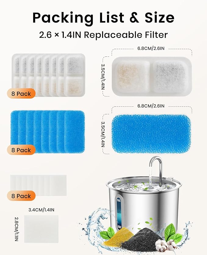 oneisall Cat Water Fountain Filters Replacement, 8 Pack Cat Fountain Filters for 67oz/2L Stainless Steel Cat Fountain Filters, Filters for Cat Water Fountain Easy to Install and Clean - PAWPICO