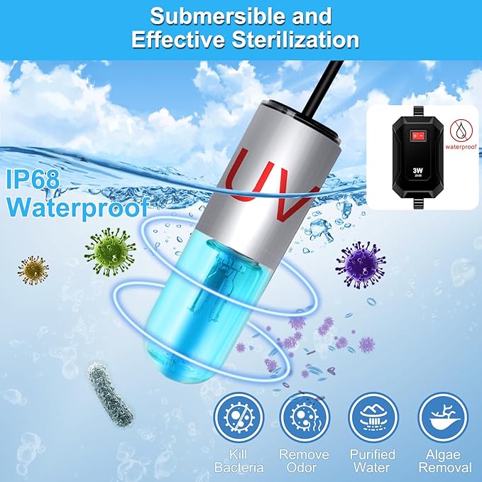Aquarium Clean Light,3 W Mini &13W Submersible Light with UV Test Card,Aquarium Water Clean Green Clear Waterproof Clean Lamp for Pond,Swimming Pool,Indoor (3W Mini) AquariumPetsFishMonopoly