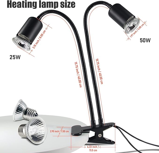 Reptile Heat Lamp, Double-Head Heat Lamp with Clamp, UVA UVB Reptile Light with Intelligent Cycle Timer for Turtle, Bearded Dragon, Lizard and More, 2 Bulbs 25W+50W TFNN