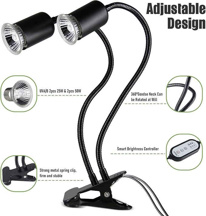 Reptile Heat Lamp, Double-Head Heat Lamp with Clamp, UVA UVB Reptile Light with Intelligent Cycle Timer for Turtle, Bearded Dragon, Lizard and More, 2 Bulbs 25W+50W TFNN