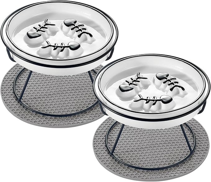 2PCS Slow Feeder Cat Bowl, Raised Cat Bowl Improved Design, Whisker-Fatigue-Free Cat Slow Feeder Bowl, Elevated Cat and Puppy Puzzle Feeder, Anti Vomit and Prevents Obesity, Slow Down Eating Speed - PAWPICO