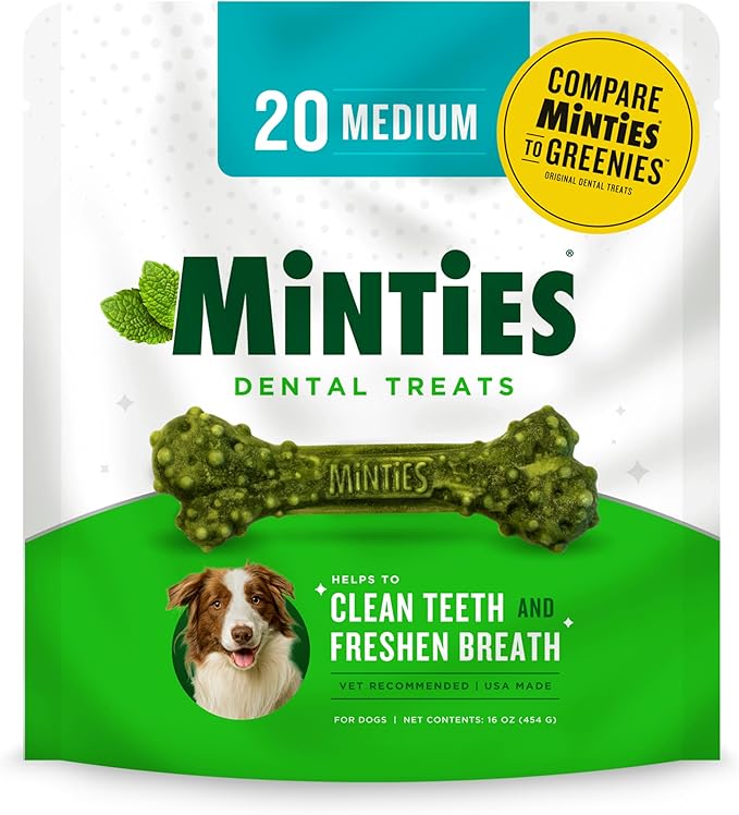 Minties Dental Chews for Dogs, 20 Count, Vet-Recommended Mint-Flavored Dental Treats for Medium Dogs 25-50 lbs, Dental Bones Clean Teeth, Fight Bad Breath, and Removes Plaque and Tartar Minties